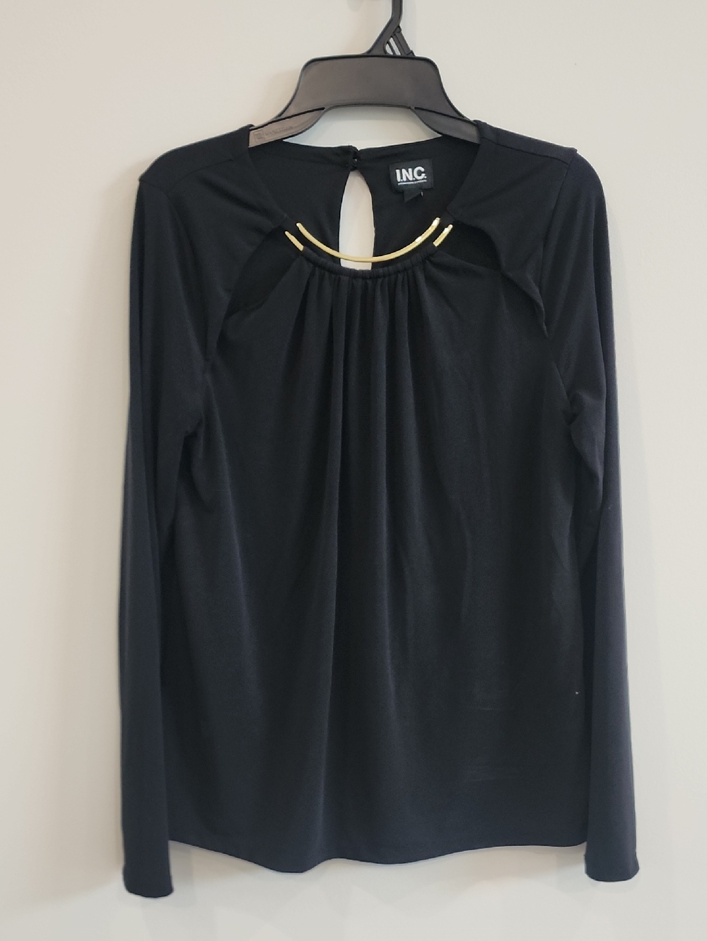 INC International Concepts Black Long Sleeve Top with Gold Trim